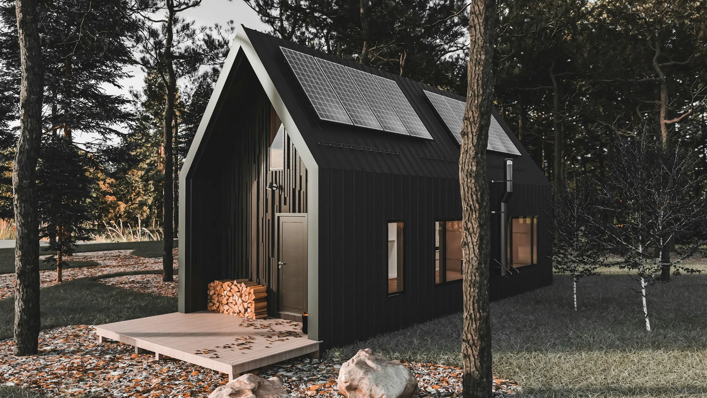 Tiny house de madera negra con terraza, entre los árboles